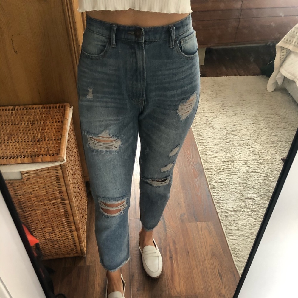 Distressed straight leg jeans